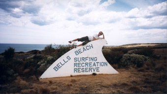 james on bells beach sign